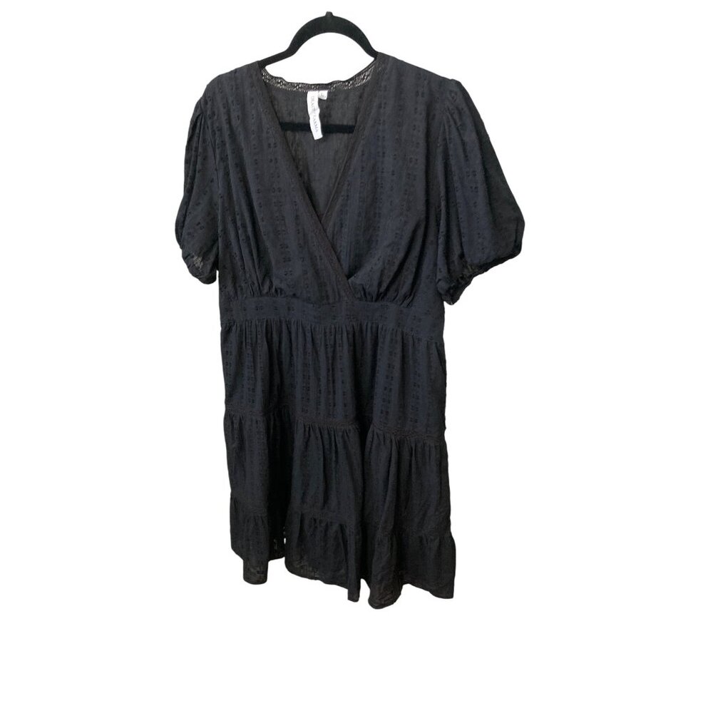 Grace & Karma Dress Womens Black Lace Tiered Puff Sleeves Smocking Embroidered L